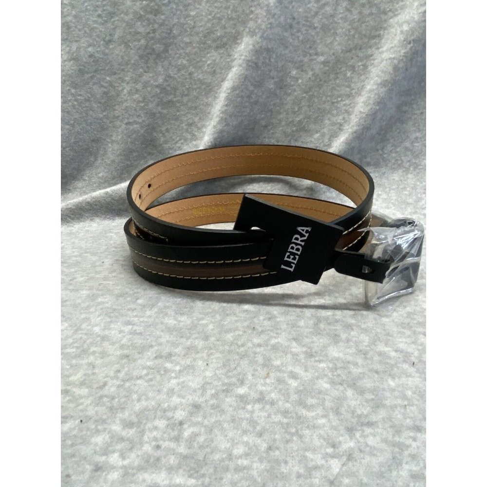 Lebra Mens Black Belt Brown Stripe Genuine Leather Silver Buckle Sz 30-32 S NWT